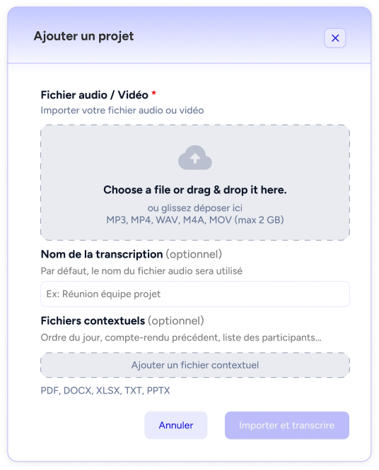 Modale Ajouter un projet, upload de documents