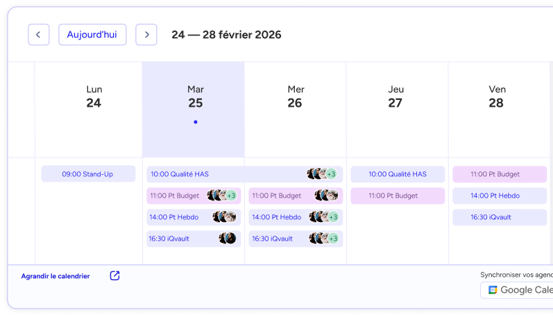 Calendrier MeetNoo Events, vue 5 jours avec événements